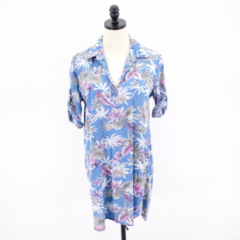 Velvet Heart Small Collared Dress Floral Rolled Tab Sleeve‎ Blue Purple Beige